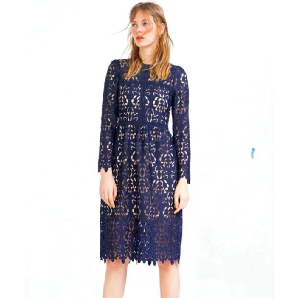 NWOT Zara Navy Blue Lace Guipure Embroidered Dress